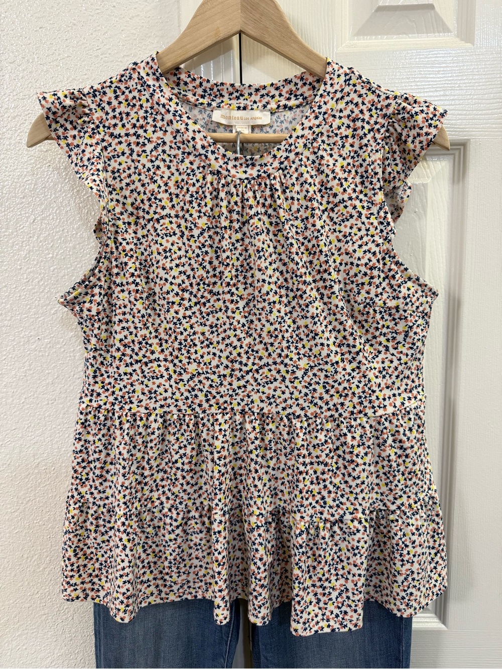 Monteau Floral Peplum Tank Top - Navy, Coral, Yellow on Cream